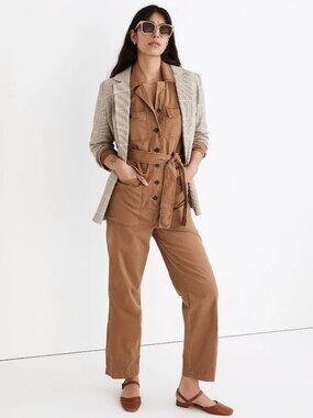 NWT Madewell Long-Sleeve Tie-Waist Fatigue Jumpsuit in Kraft Brown Cotton XS